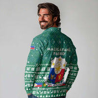 Philippines Christmas Long Sleeve Polo Shirt with Green Geometric Design, Santa in Barong Tagalog, and National Coat of Arms Motif - Wonder Print Shop