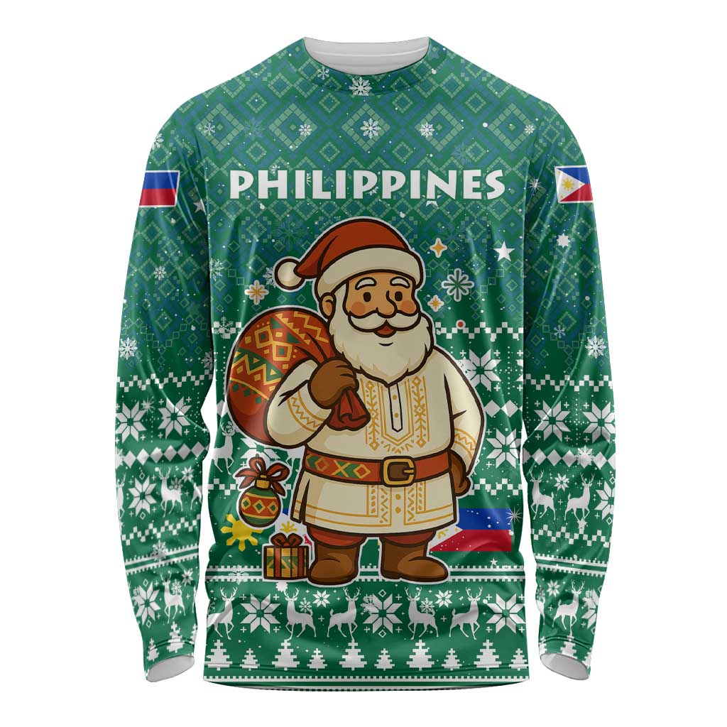 Philippines Christmas Long Sleeve Shirt with Green Geometric Design, Santa in Barong Tagalog, and National Coat of Arms Motif - Wonder Print Shop