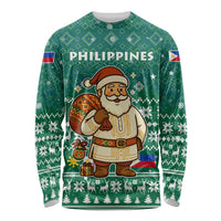 Philippines Christmas Long Sleeve Shirt with Green Geometric Design, Santa in Barong Tagalog, and National Coat of Arms Motif - Wonder Print Shop
