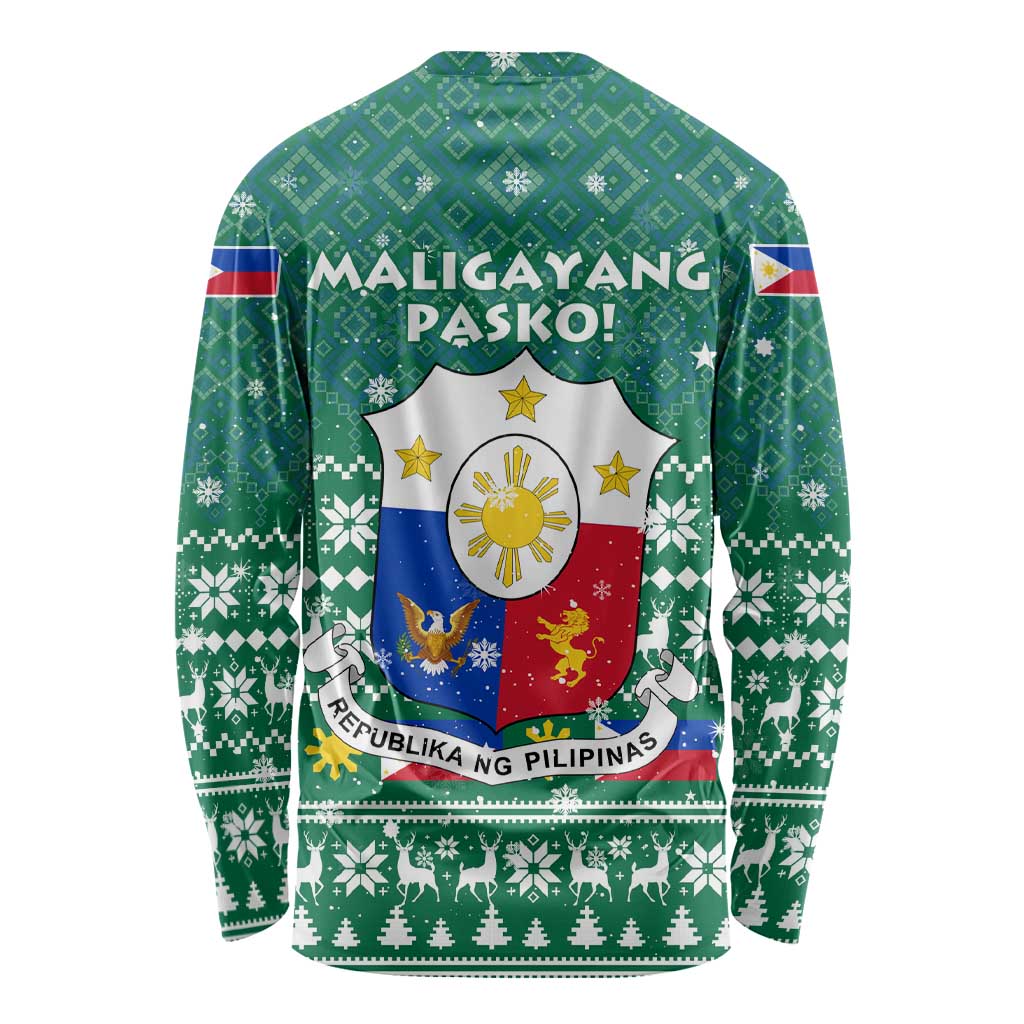 Philippines Christmas Long Sleeve Shirt with Green Geometric Design, Santa in Barong Tagalog, and National Coat of Arms Motif - Wonder Print Shop