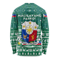 Philippines Christmas Long Sleeve Shirt with Green Geometric Design, Santa in Barong Tagalog, and National Coat of Arms Motif - Wonder Print Shop