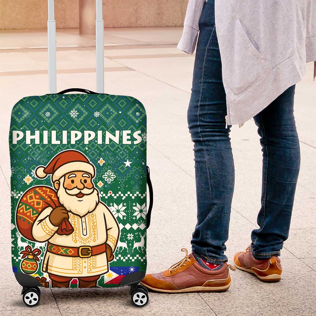 Philippines Christmas Luggage Cover with Green Geometric Design, Santa in Barong Tagalog, and National Coat of Arms Motif - Wonder Print Shop