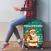 Philippines Christmas Luggage Cover with Green Geometric Design, Santa in Barong Tagalog, and National Coat of Arms Motif - Wonder Print Shop