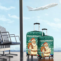 Philippines Christmas Luggage Cover with Green Geometric Design, Santa in Barong Tagalog, and National Coat of Arms Motif - Wonder Print Shop