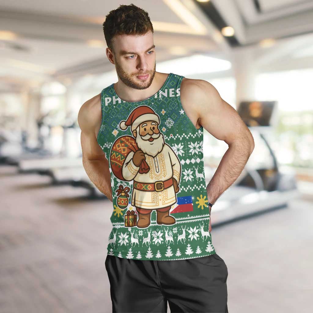 Philippines Christmas Men Tank Top with Green Geometric Design, Santa in Barong Tagalog, and National Coat of Arms Motif - Wonder Print Shop