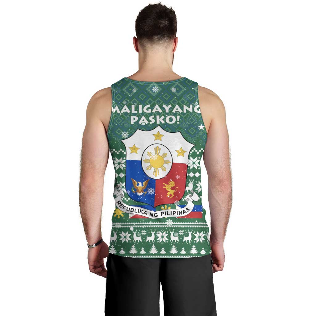 Philippines Christmas Men Tank Top with Green Geometric Design, Santa in Barong Tagalog, and National Coat of Arms Motif - Wonder Print Shop