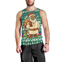 Philippines Christmas Men Tank Top with Green Geometric Design, Santa in Barong Tagalog, and National Coat of Arms Motif - Wonder Print Shop