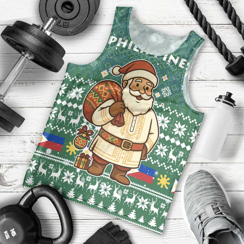 Philippines Christmas Men Tank Top with Green Geometric Design, Santa in Barong Tagalog, and National Coat of Arms Motif - Wonder Print Shop