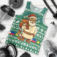 Philippines Christmas Men Tank Top with Green Geometric Design, Santa in Barong Tagalog, and National Coat of Arms Motif - Wonder Print Shop