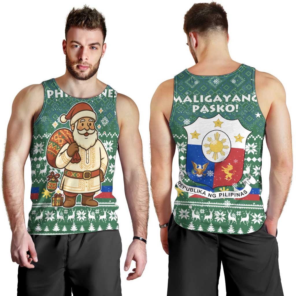 Philippines Christmas Men Tank Top with Green Geometric Design, Santa in Barong Tagalog, and National Coat of Arms Motif - Wonder Print Shop
