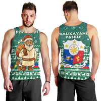 Philippines Christmas Men Tank Top with Green Geometric Design, Santa in Barong Tagalog, and National Coat of Arms Motif - Wonder Print Shop