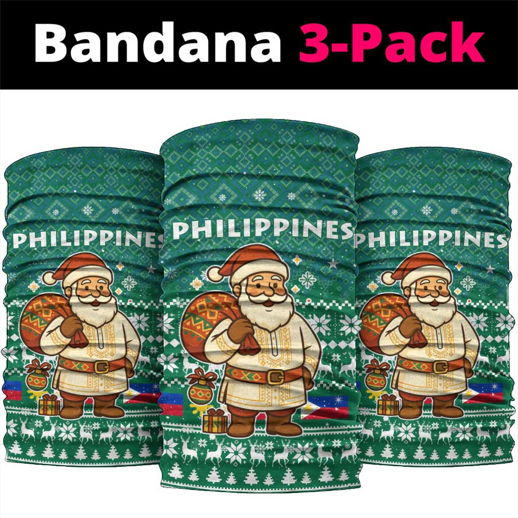 Philippines Christmas Neck Gaiter with Green Geometric Design, Santa in Barong Tagalog, and National Coat of Arms Motif - Wonder Print Shop