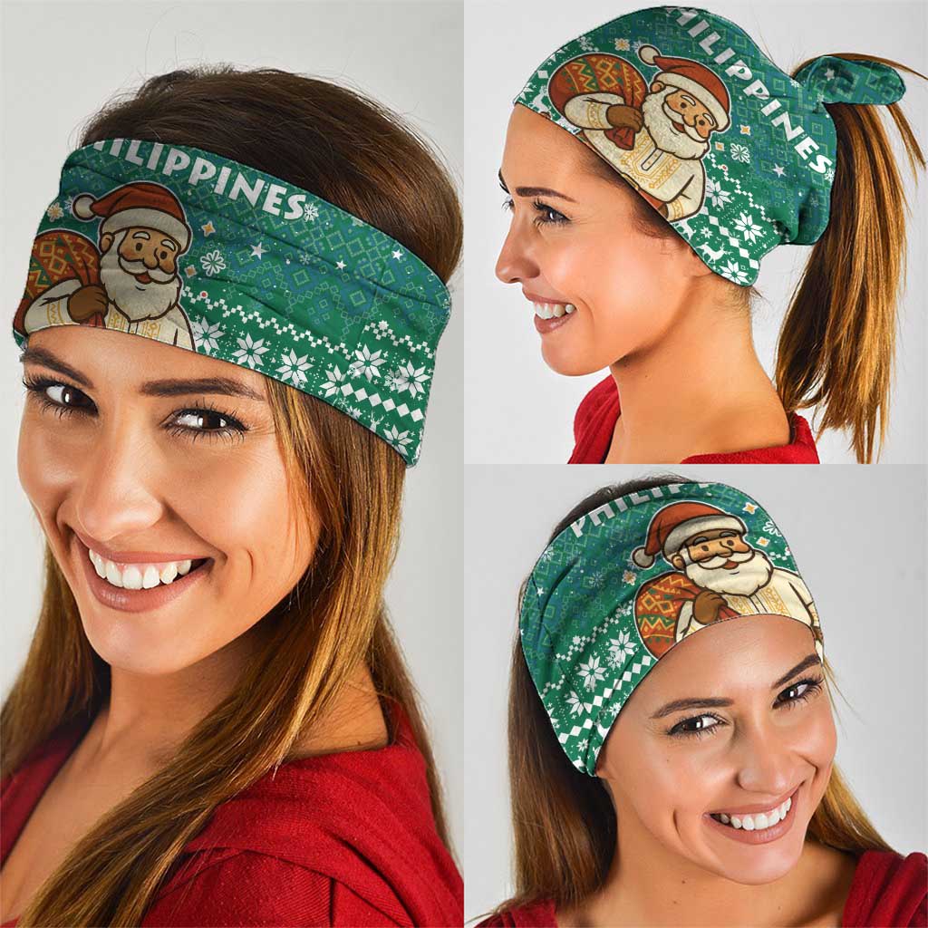 Philippines Christmas Neck Gaiter with Green Geometric Design, Santa in Barong Tagalog, and National Coat of Arms Motif - Wonder Print Shop