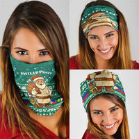 Philippines Christmas Neck Gaiter with Green Geometric Design, Santa in Barong Tagalog, and National Coat of Arms Motif - Wonder Print Shop