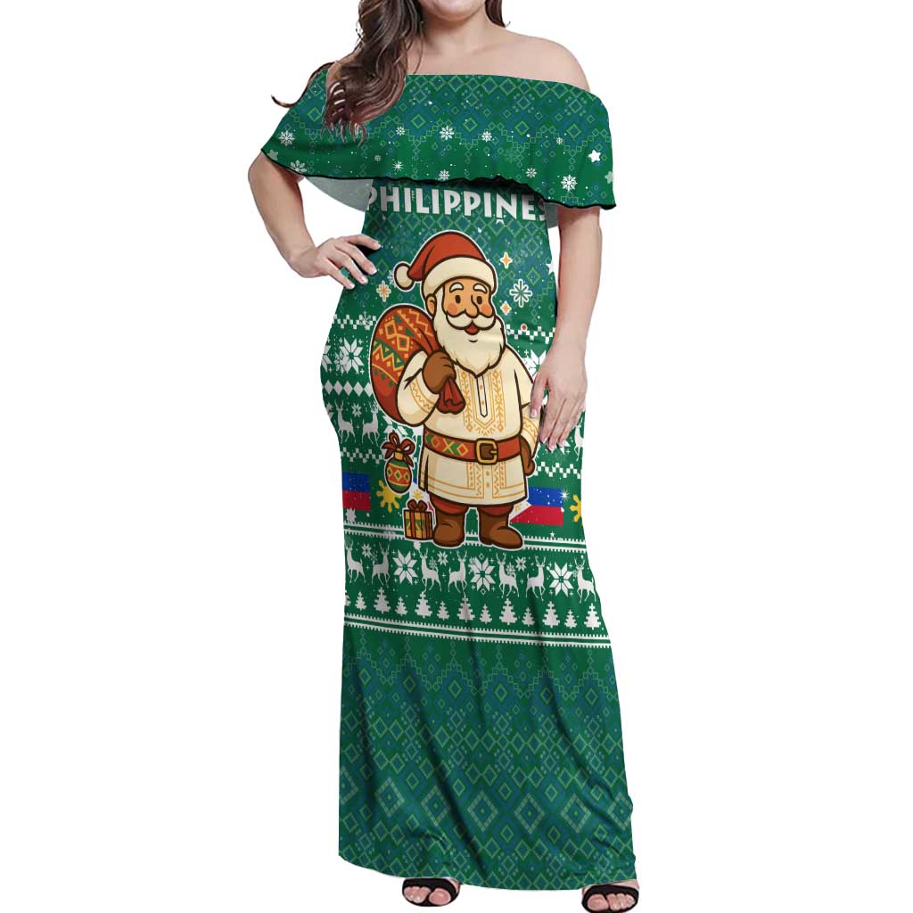 Philippines Christmas Off Shoulder Maxi Dress with Green Geometric Design, Santa in Barong Tagalog, and National Coat of Arms Motif - Wonder Print Shop