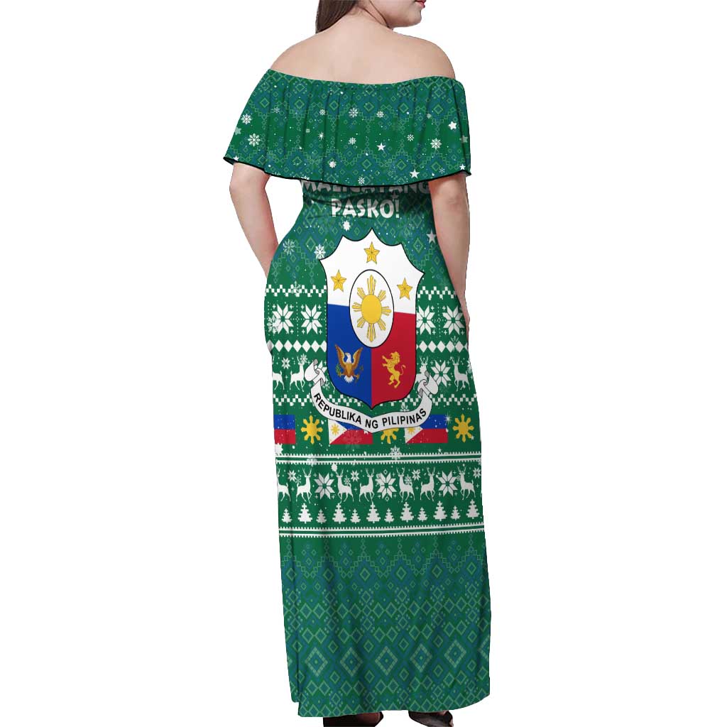 Philippines Christmas Off Shoulder Maxi Dress with Green Geometric Design, Santa in Barong Tagalog, and National Coat of Arms Motif - Wonder Print Shop