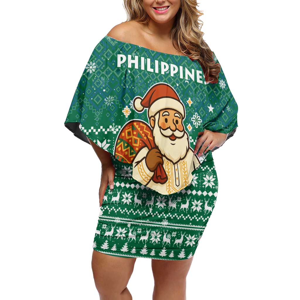 Philippines Christmas Off Shoulder Short Dress with Green Geometric Design, Santa in Barong Tagalog, and National Coat of Arms Motif - Wonder Print Shop