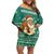 Philippines Christmas Off Shoulder Short Dress with Green Geometric Design, Santa in Barong Tagalog, and National Coat of Arms Motif - Wonder Print Shop
