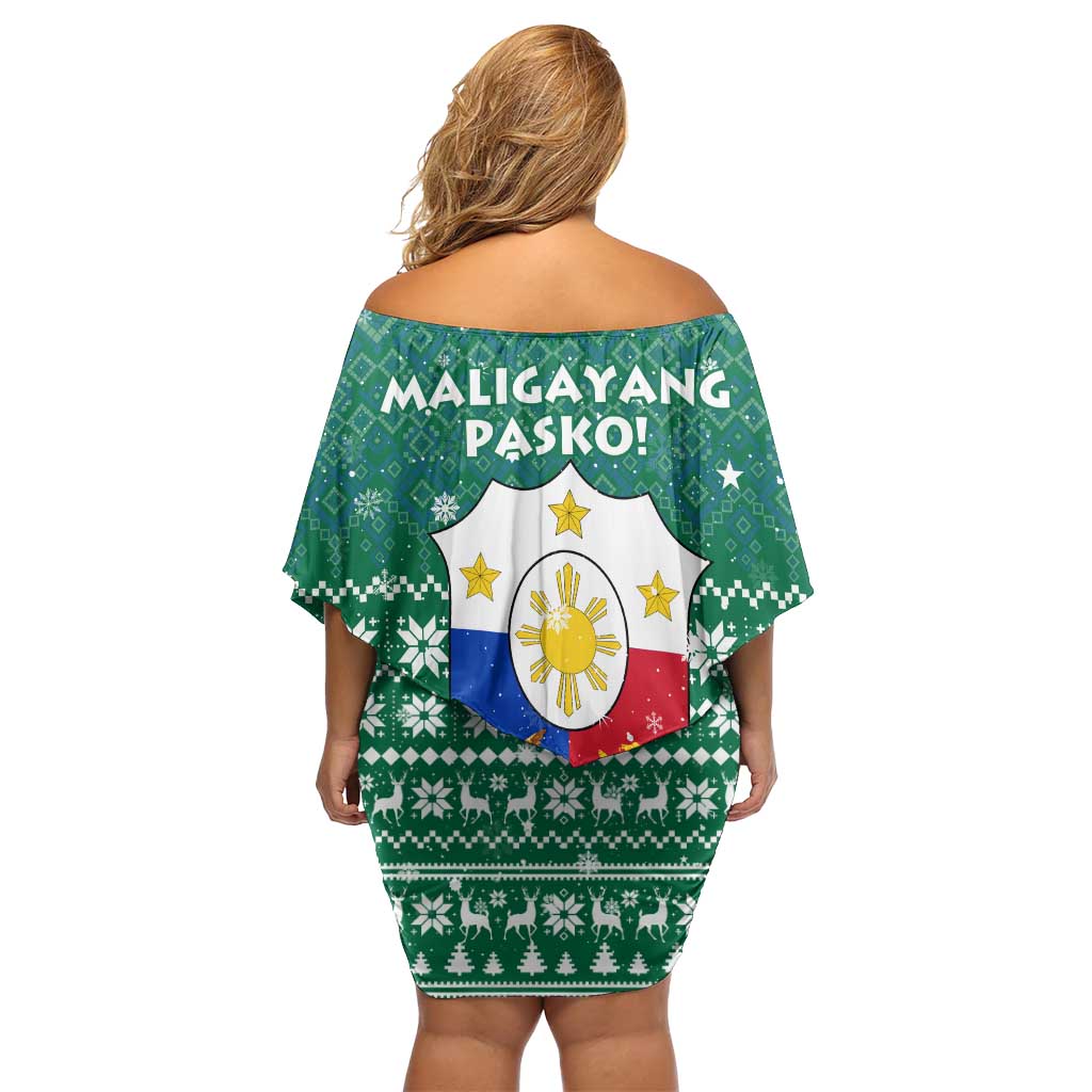 Philippines Christmas Off Shoulder Short Dress with Green Geometric Design, Santa in Barong Tagalog, and National Coat of Arms Motif - Wonder Print Shop