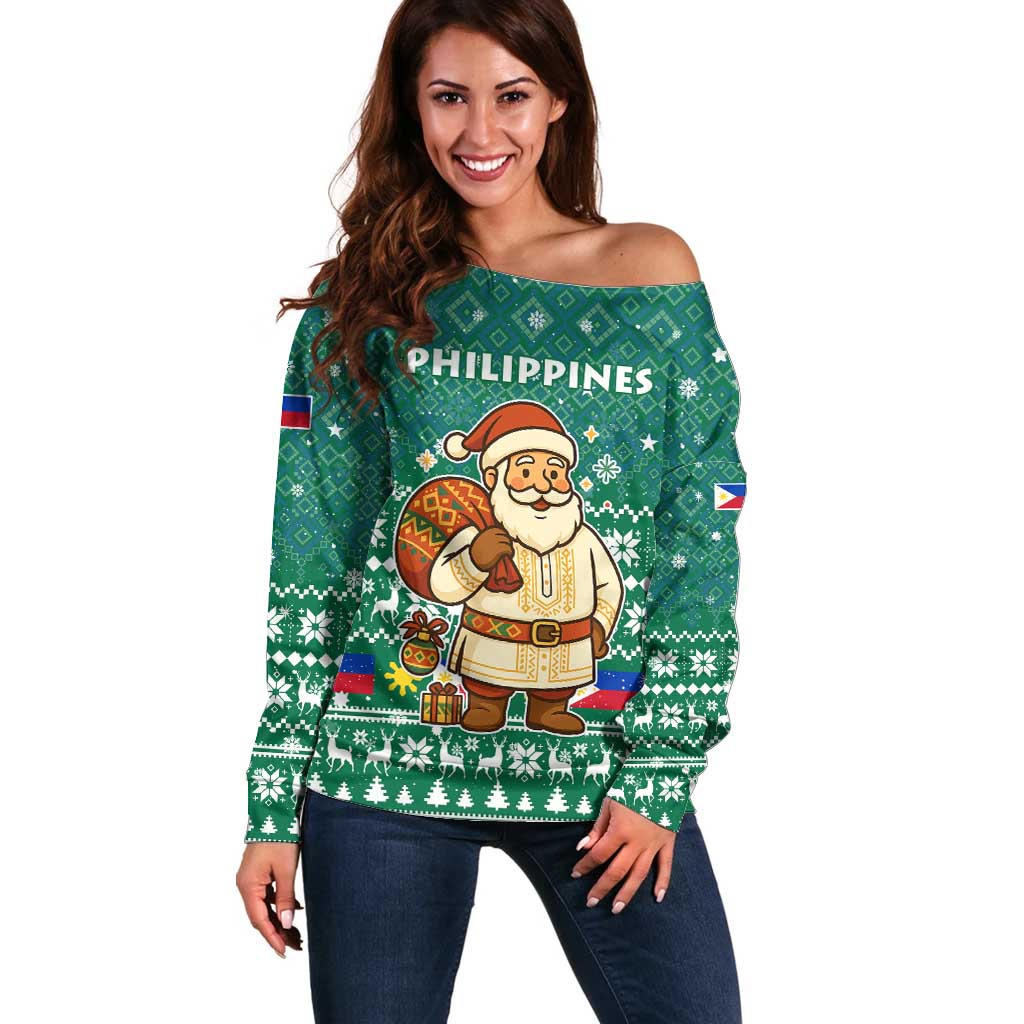 Philippines Christmas Off Shoulder Sweater with Green Geometric Design, Santa in Barong Tagalog, and National Coat of Arms Motif - Wonder Print Shop