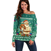 Philippines Christmas Off Shoulder Sweater with Green Geometric Design, Santa in Barong Tagalog, and National Coat of Arms Motif - Wonder Print Shop