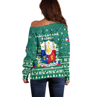 Philippines Christmas Off Shoulder Sweater with Green Geometric Design, Santa in Barong Tagalog, and National Coat of Arms Motif - Wonder Print Shop
