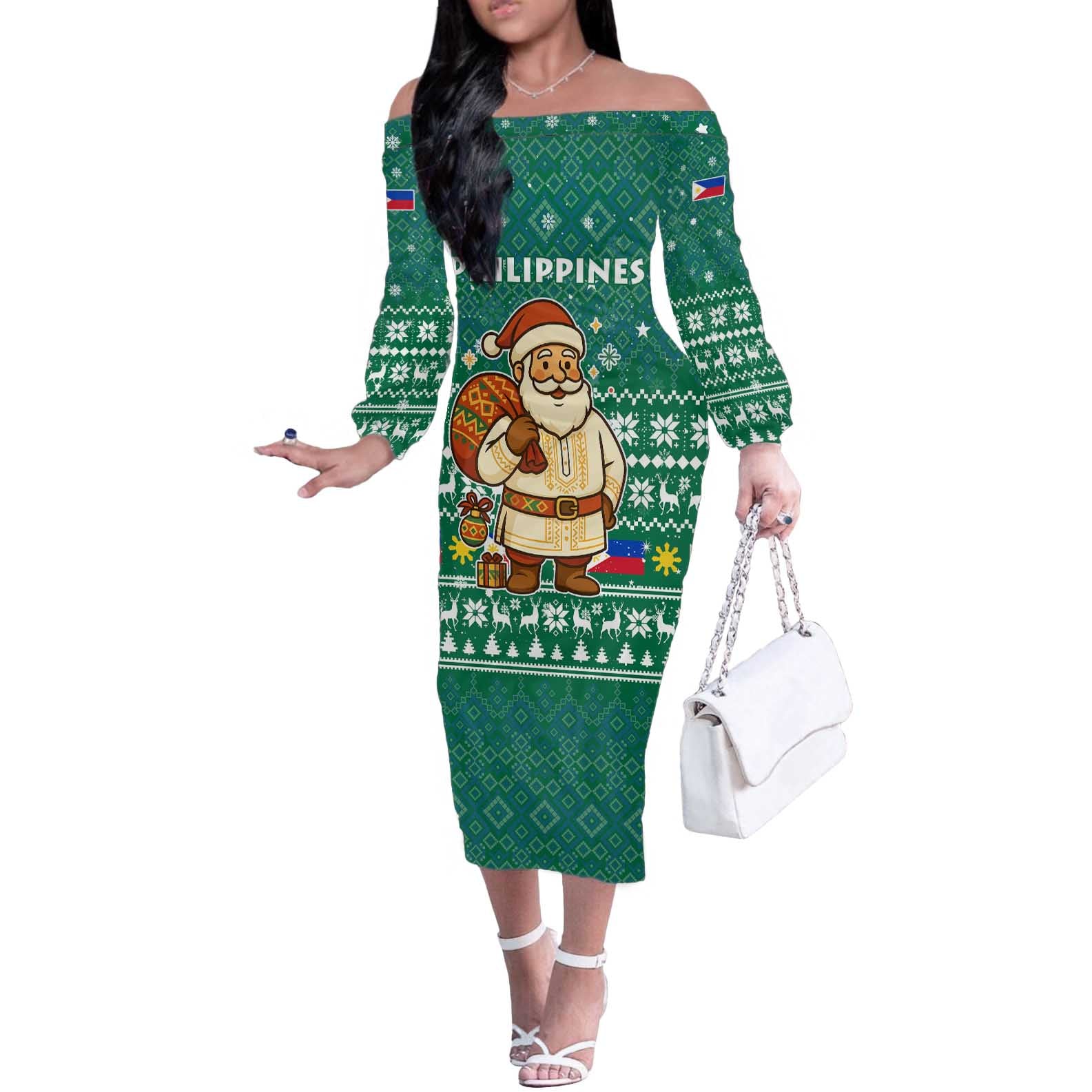 Philippines Christmas Off The Shoulder Long Sleeve Dress with Green Geometric Design, Santa in Barong Tagalog, and National Coat of Arms Motif - Wonder Print Shop