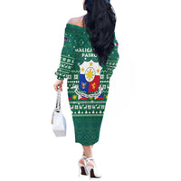 Philippines Christmas Off The Shoulder Long Sleeve Dress with Green Geometric Design, Santa in Barong Tagalog, and National Coat of Arms Motif - Wonder Print Shop