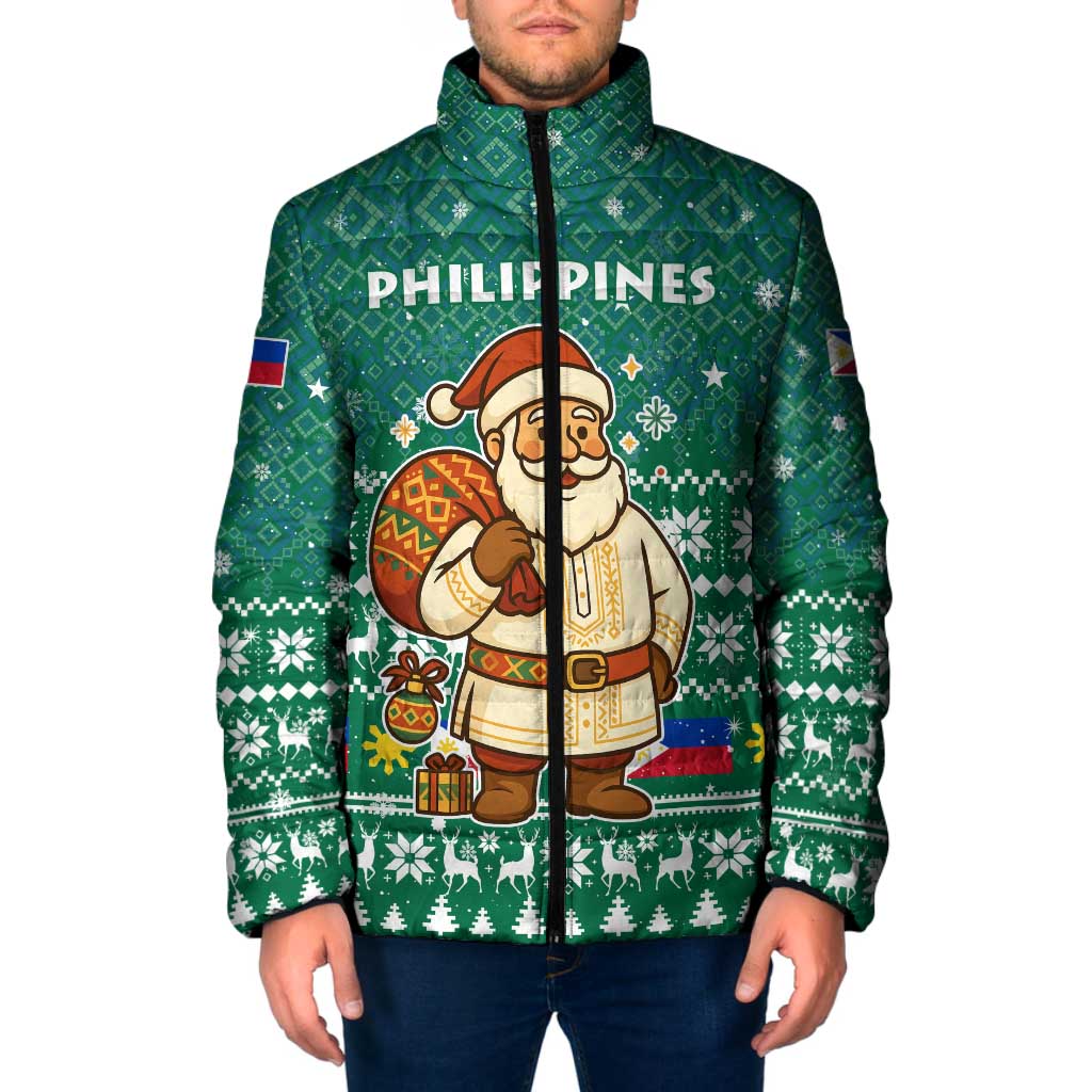 Philippines Christmas Padded Jacket with Green Geometric Design, Santa in Barong Tagalog, and National Coat of Arms Motif - Wonder Print Shop