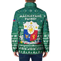 Philippines Christmas Padded Jacket with Green Geometric Design, Santa in Barong Tagalog, and National Coat of Arms Motif - Wonder Print Shop