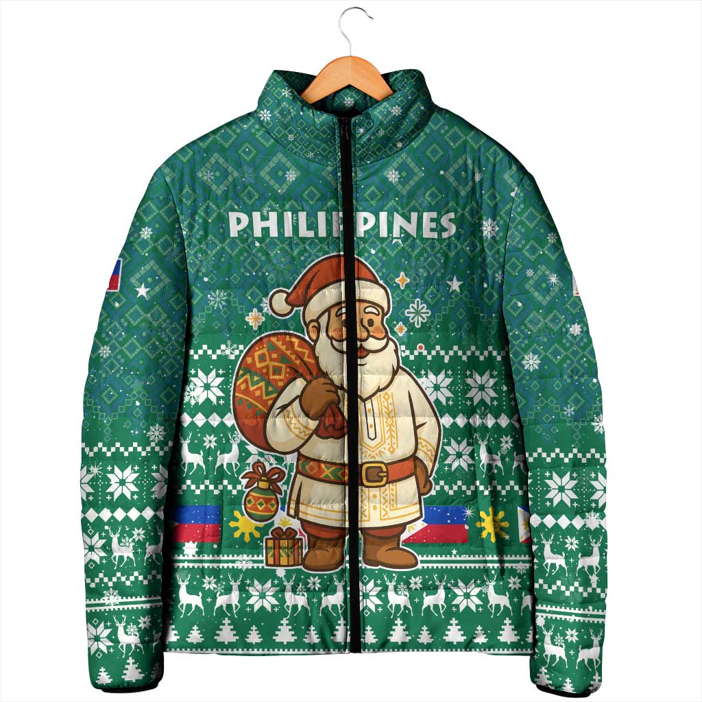 Philippines Christmas Padded Jacket with Green Geometric Design, Santa in Barong Tagalog, and National Coat of Arms Motif - Wonder Print Shop