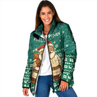 Philippines Christmas Padded Jacket with Green Geometric Design, Santa in Barong Tagalog, and National Coat of Arms Motif - Wonder Print Shop