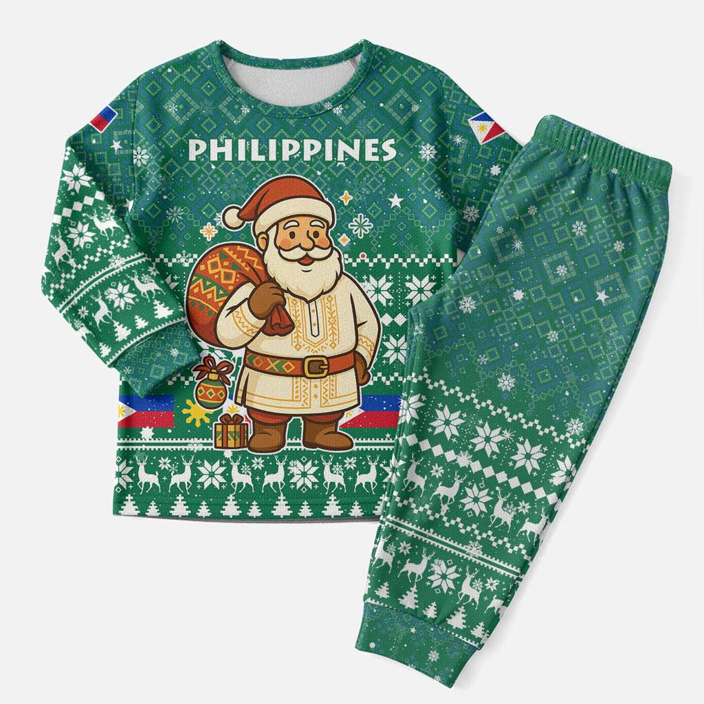Philippines Christmas Pajama Set with Green Geometric Design, Santa in Barong Tagalog, and National Coat of Arms Motif - Wonder Print Shop