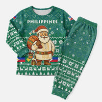 Philippines Christmas Pajama Set with Green Geometric Design, Santa in Barong Tagalog, and National Coat of Arms Motif - Wonder Print Shop
