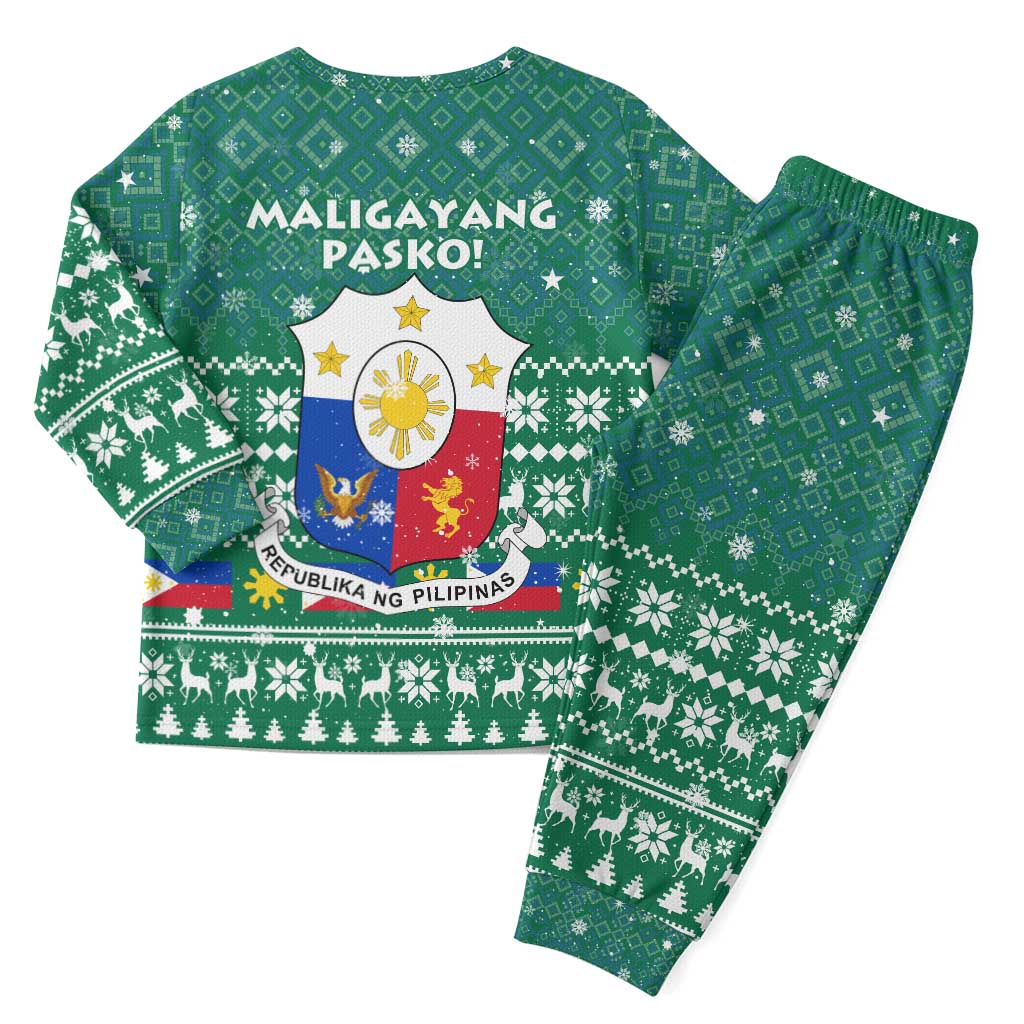 Philippines Christmas Pajama Set with Green Geometric Design, Santa in Barong Tagalog, and National Coat of Arms Motif - Wonder Print Shop
