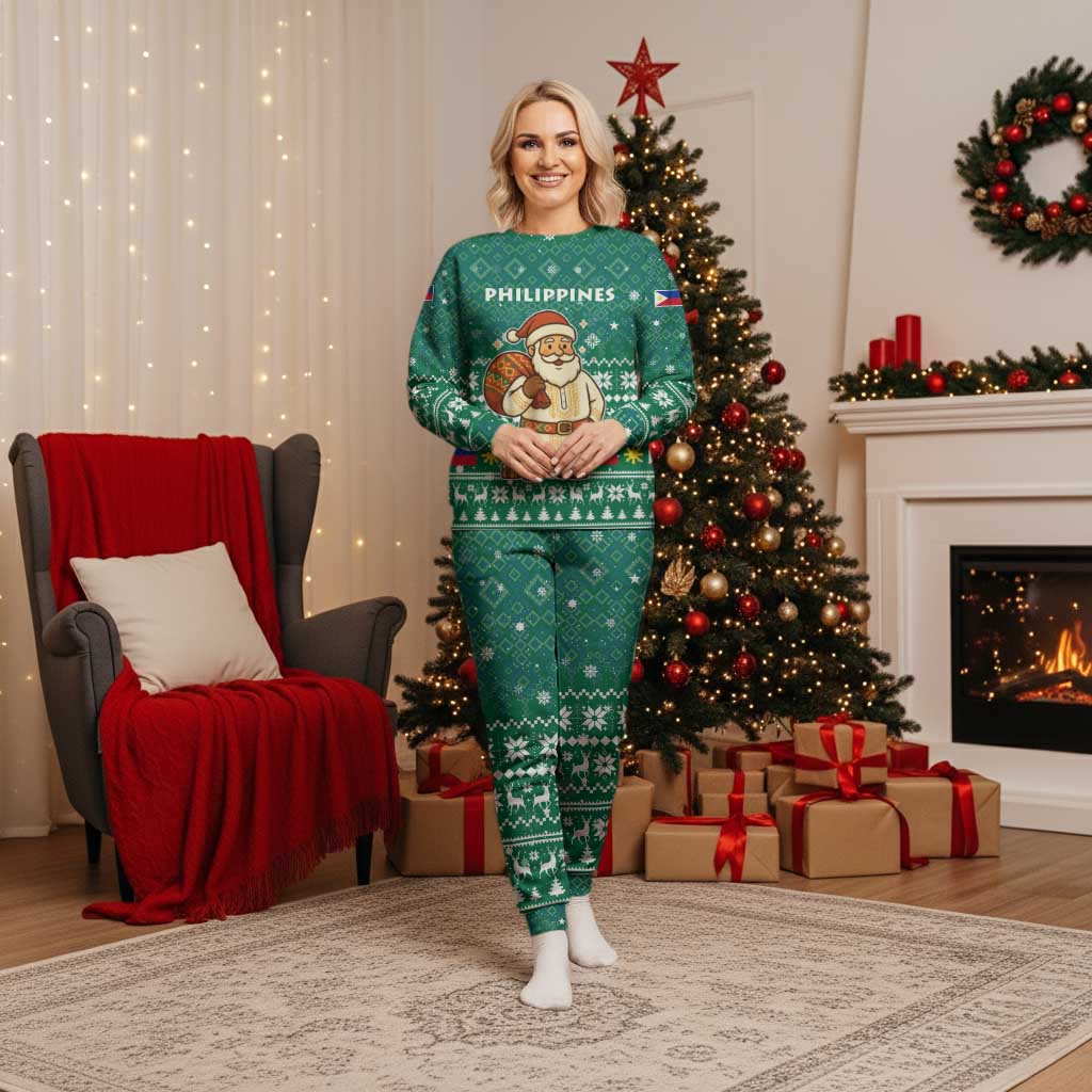 Philippines Christmas Pajama Set with Green Geometric Design, Santa in Barong Tagalog, and National Coat of Arms Motif - Wonder Print Shop