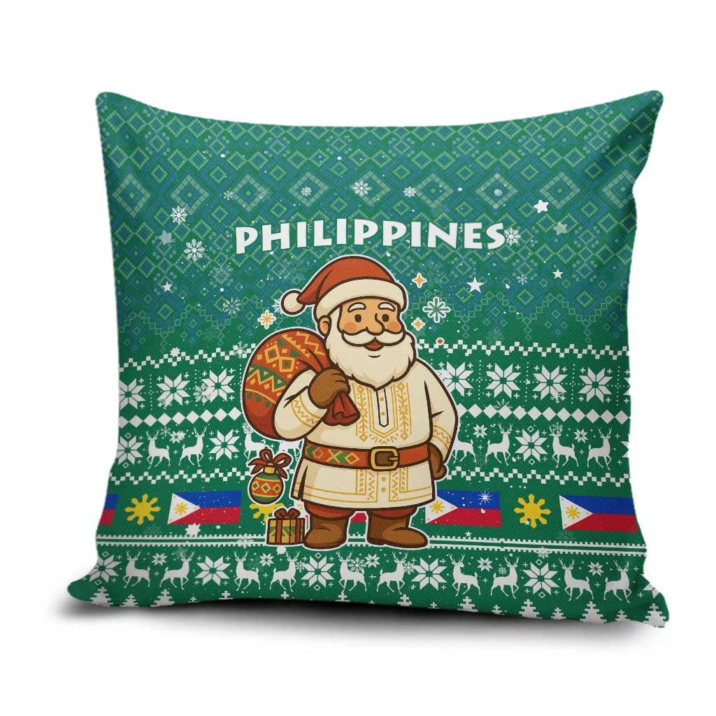 Philippines Christmas Pillow Cover with Green Geometric Design, Santa in Barong Tagalog, and National Coat of Arms Motif - Wonder Print Shop