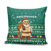 Philippines Christmas Pillow Cover with Green Geometric Design, Santa in Barong Tagalog, and National Coat of Arms Motif - Wonder Print Shop