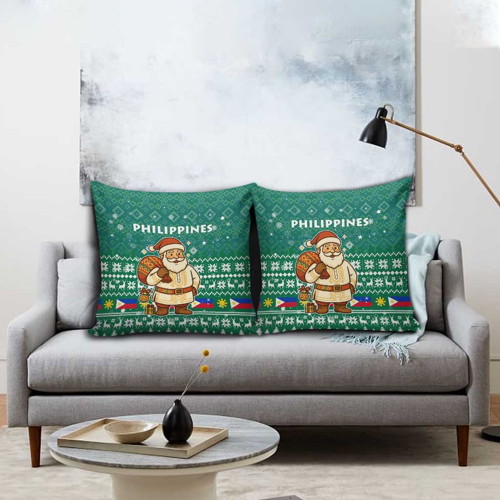 Philippines Christmas Pillow Cover with Green Geometric Design, Santa in Barong Tagalog, and National Coat of Arms Motif - Wonder Print Shop