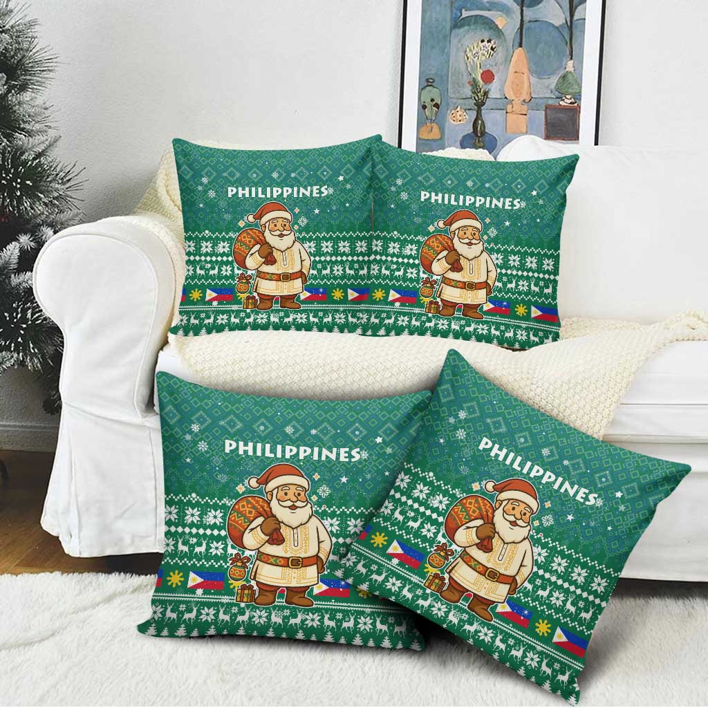 Philippines Christmas Pillow Cover with Green Geometric Design, Santa in Barong Tagalog, and National Coat of Arms Motif - Wonder Print Shop