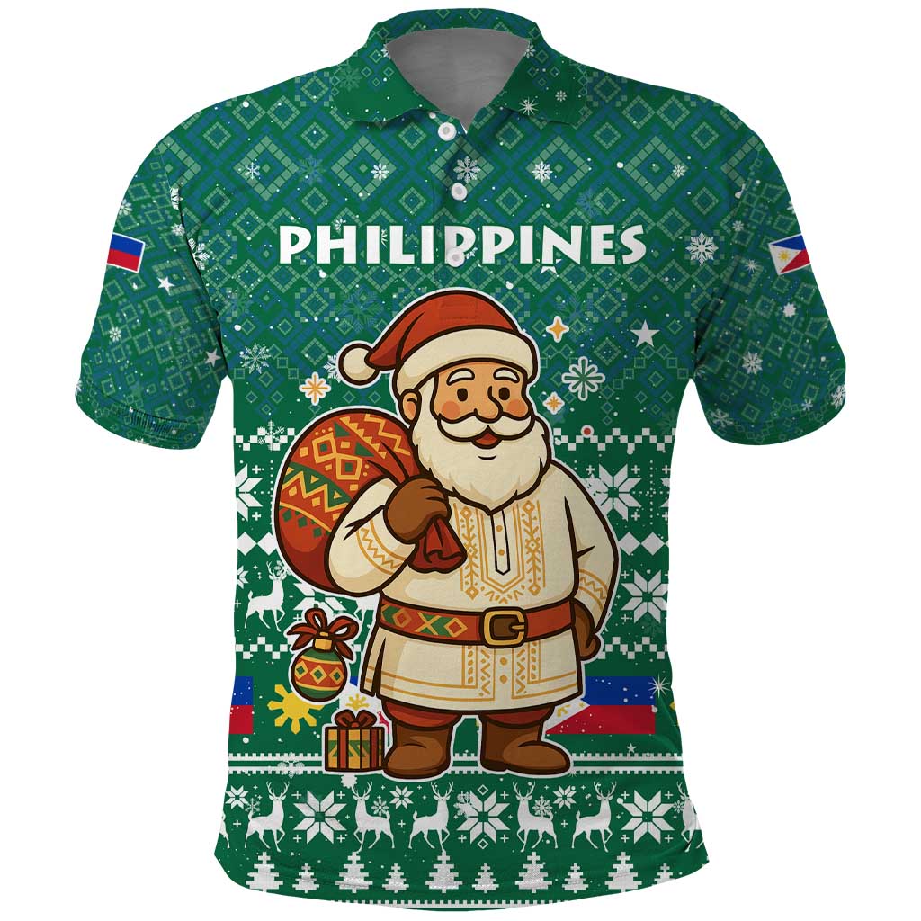 Philippines Christmas Polo Shirt with Green Geometric Design, Santa in Barong Tagalog, and National Coat of Arms Motif - Wonder Print Shop