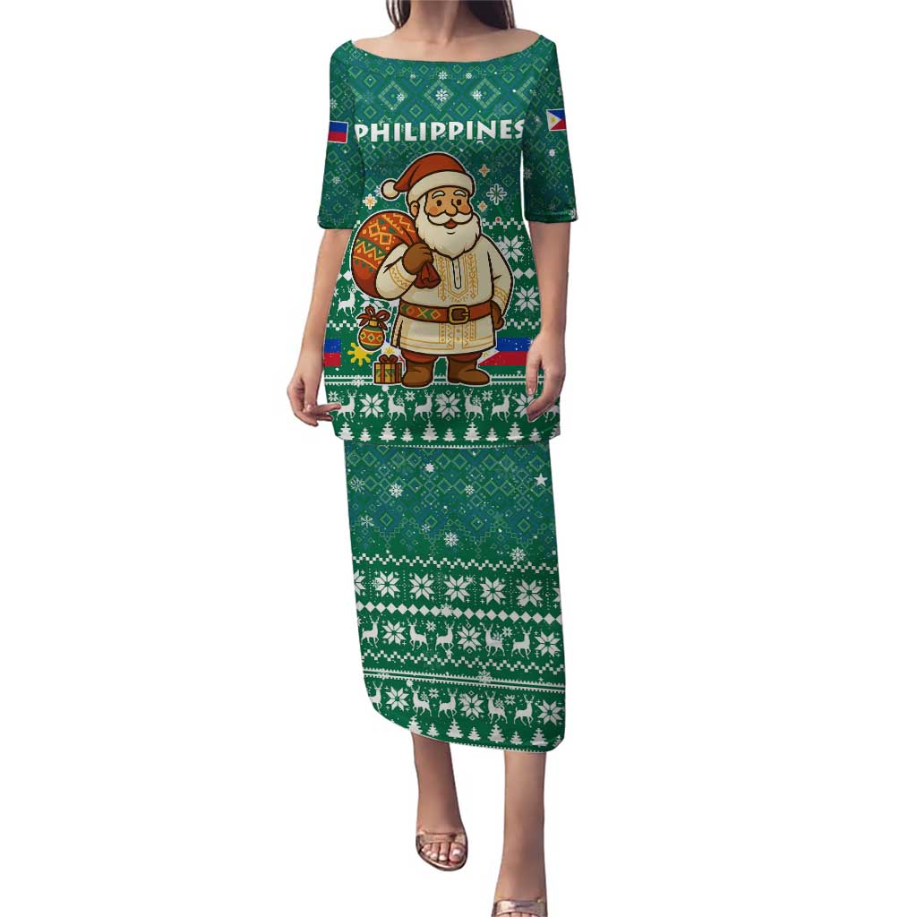 Philippines Christmas Puletasi with Green Geometric Design, Santa in Barong Tagalog, and National Coat of Arms Motif - Wonder Print Shop