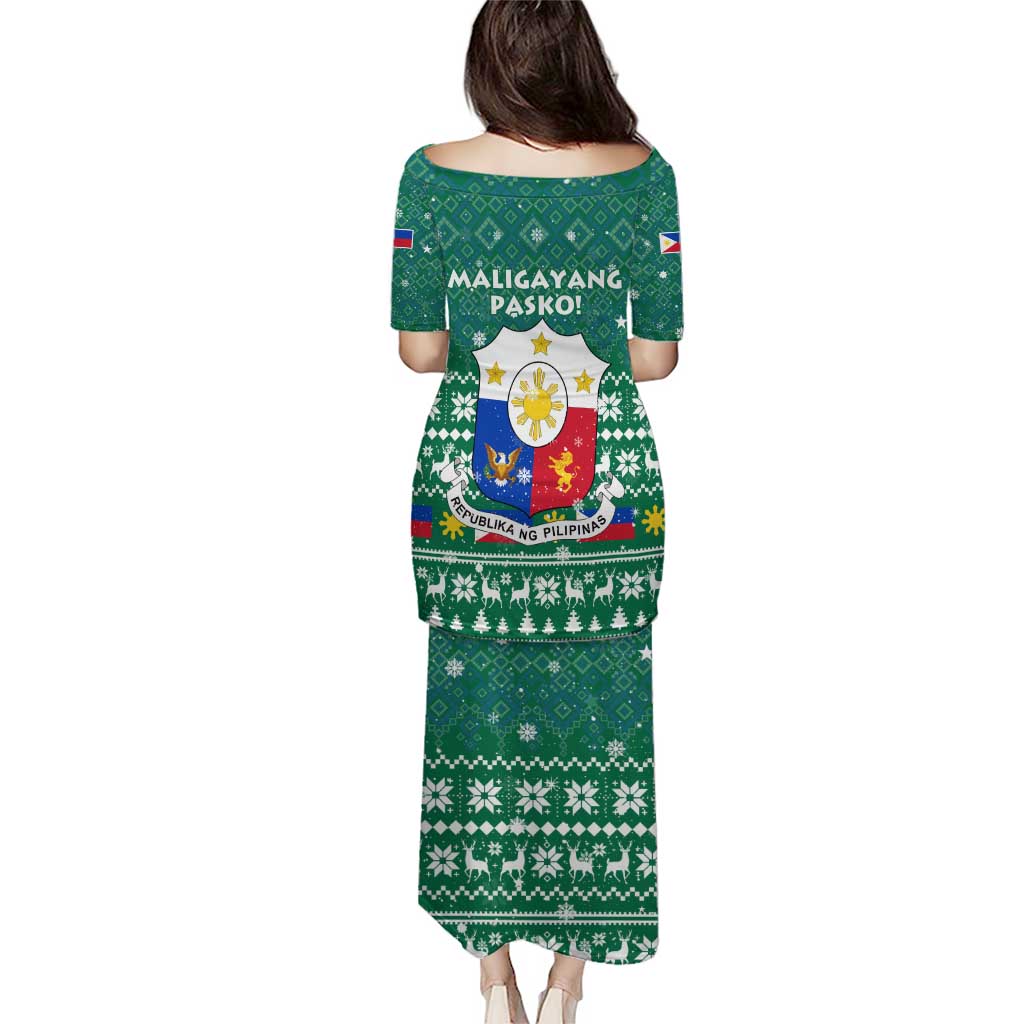 Philippines Christmas Puletasi with Green Geometric Design, Santa in Barong Tagalog, and National Coat of Arms Motif - Wonder Print Shop