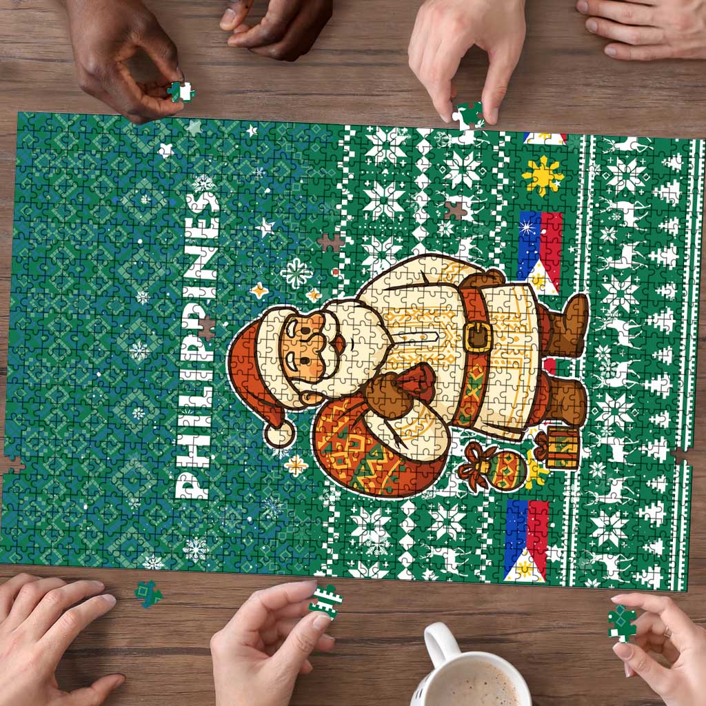 Philippines Christmas Puzzle with Green Geometric Design, Santa in Barong Tagalog, and National Coat of Arms Motif - Wonder Print Shop