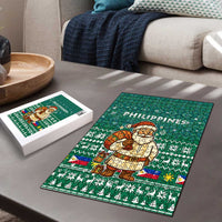 Philippines Christmas Puzzle with Green Geometric Design, Santa in Barong Tagalog, and National Coat of Arms Motif - Wonder Print Shop