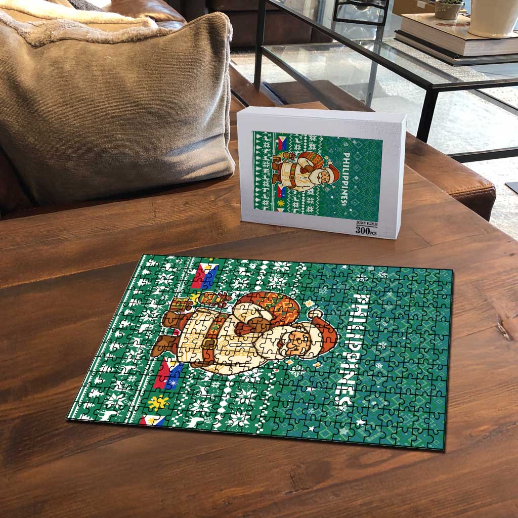 Philippines Christmas Puzzle with Green Geometric Design, Santa in Barong Tagalog, and National Coat of Arms Motif - Wonder Print Shop
