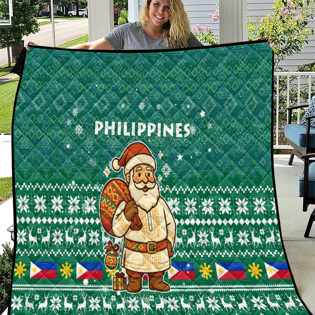 Philippines Christmas Quilt with Green Geometric Design, Santa in Barong Tagalog, and National Coat of Arms Motif - Wonder Print Shop