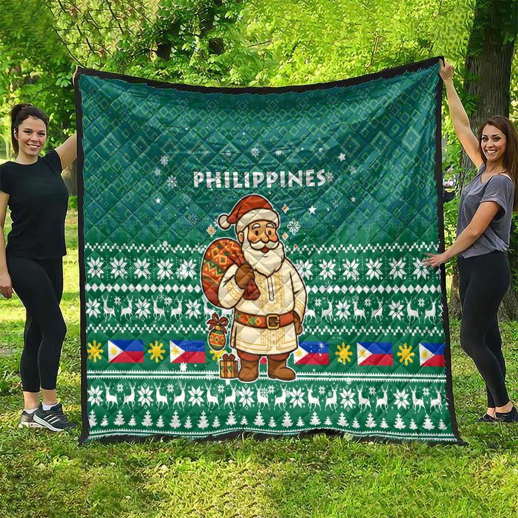 Philippines Christmas Quilt with Green Geometric Design, Santa in Barong Tagalog, and National Coat of Arms Motif - Wonder Print Shop
