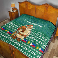 Philippines Christmas Quilt with Green Geometric Design, Santa in Barong Tagalog, and National Coat of Arms Motif - Wonder Print Shop
