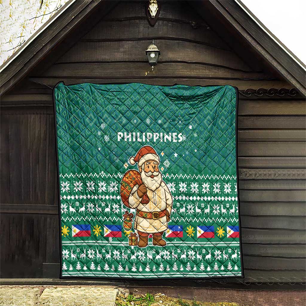 Philippines Christmas Quilt with Green Geometric Design, Santa in Barong Tagalog, and National Coat of Arms Motif - Wonder Print Shop